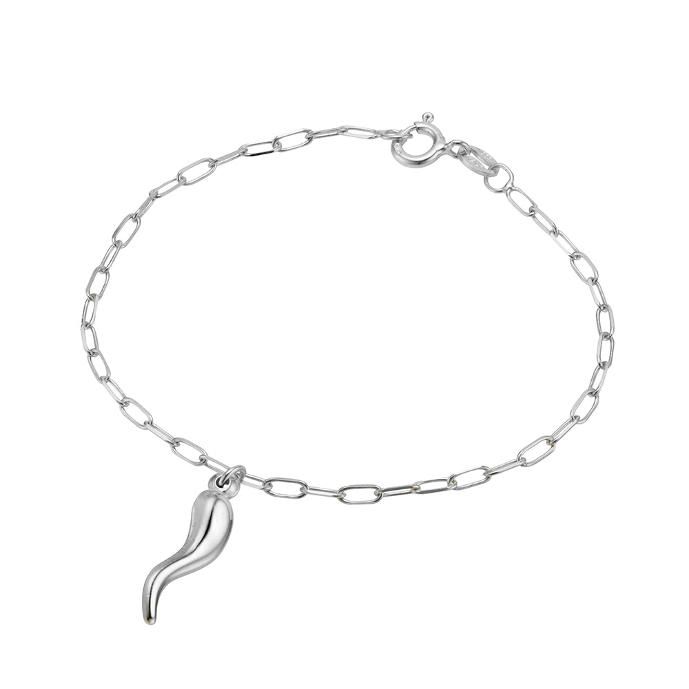 Sterling Silver Petite Paperclip Link Bracelet with 'Cornicello' Horn