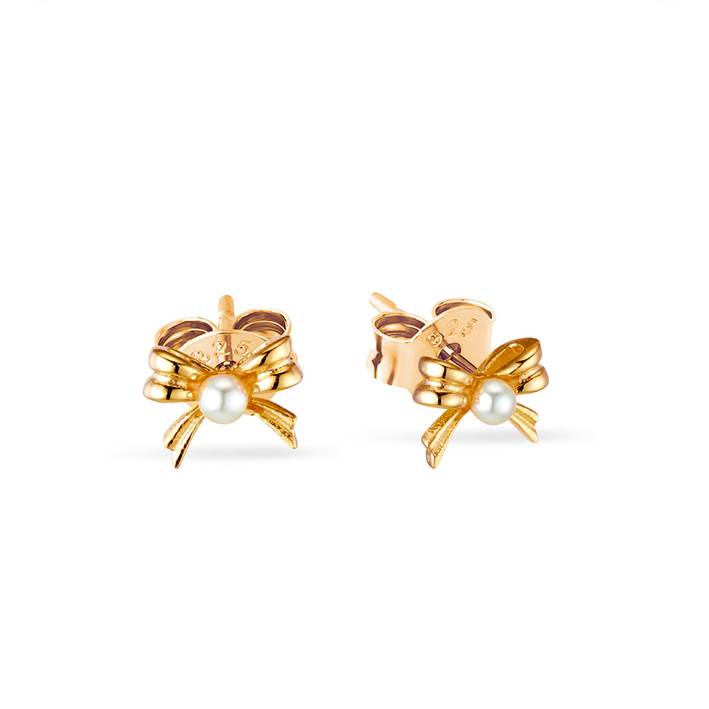 Rose Gold Plated Mini Bow with Pearl Stud Earrings