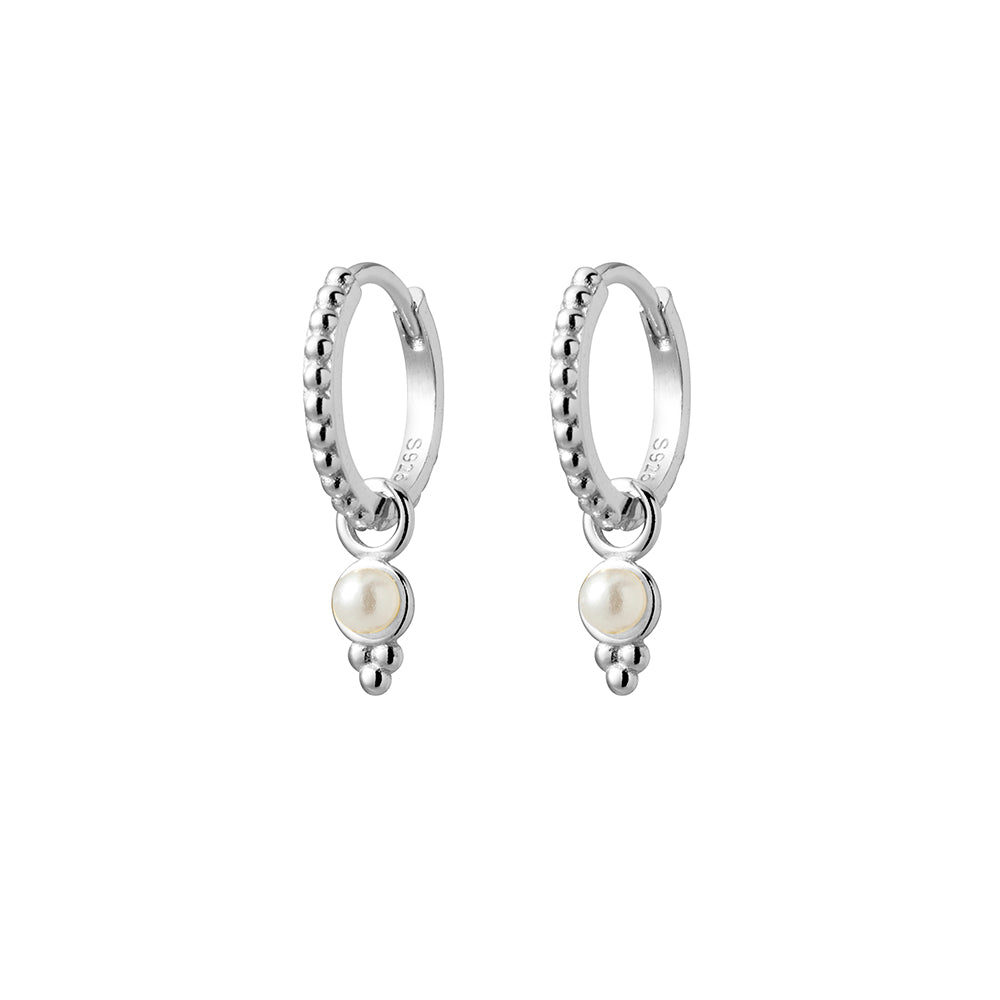 Sterling Silver Patterned Huggie Earrings with Freshwater Pearl Charm