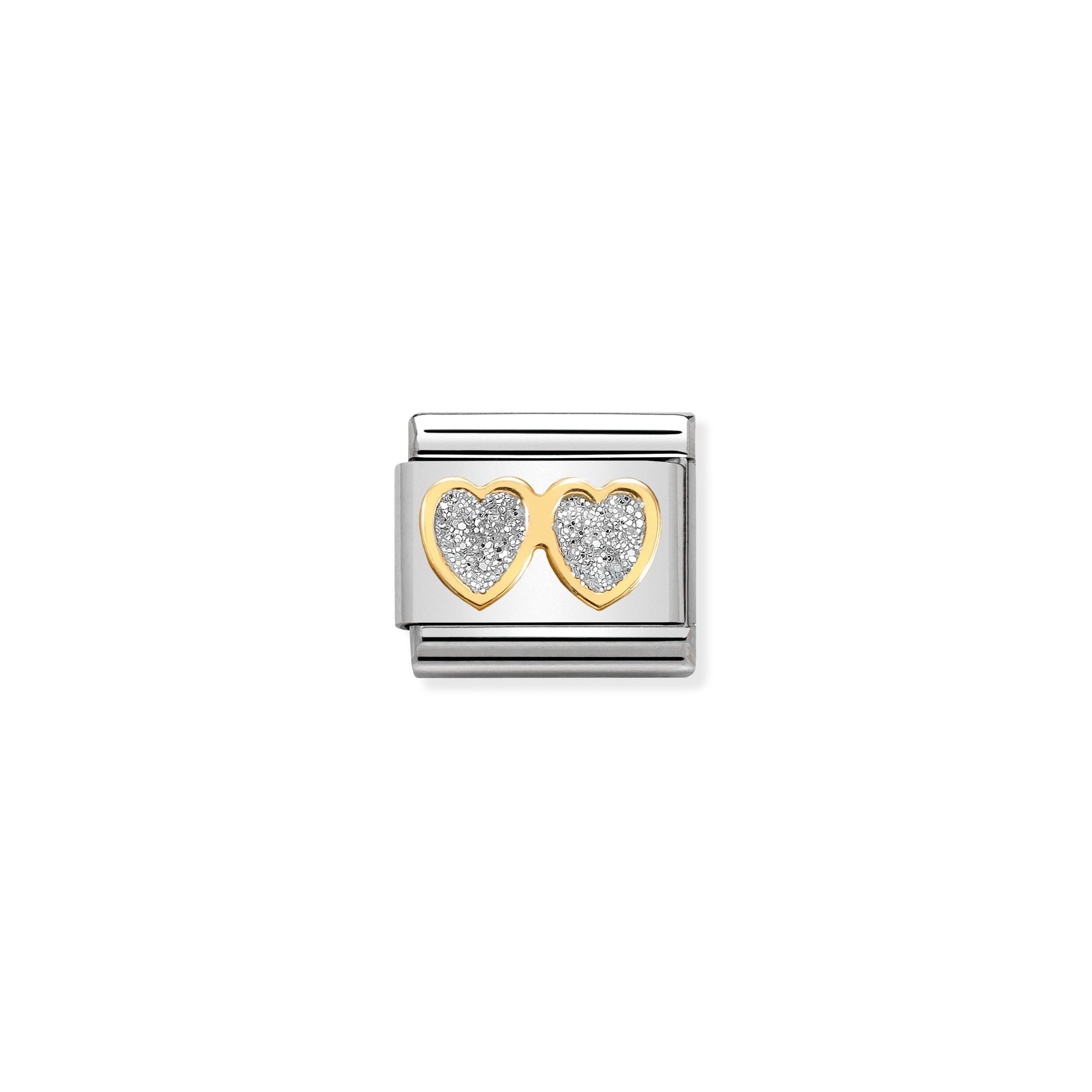 COMPOSABLE CLASSIC LINK 030220/01 DOUBLE SILVER HEARTS WITH GLITTER ENAMEL IN 18K GOLD