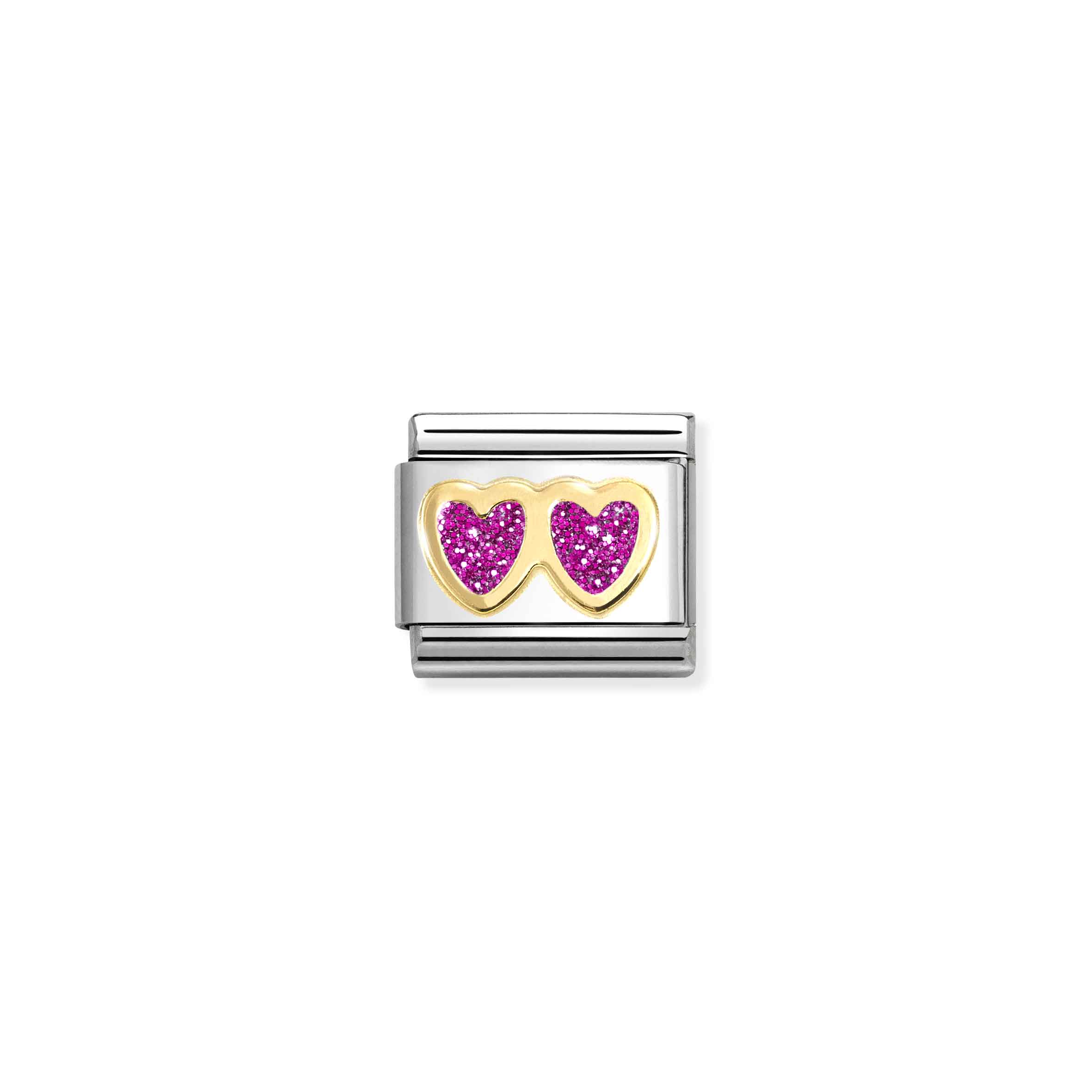 COMPOSABLE CLASSIC LINK 030220/13 DOUBLE HEART IN 18K GOLD & FUCHSIA GLITTER ENAMEL