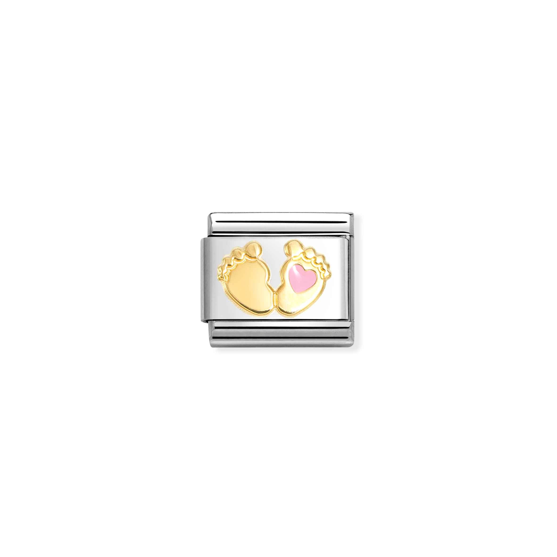 COMPOSABLE CLASSIC LINK 030272/85 BABY FEET WITH PINK HEART IN 18K GOLD AND ENAMEL