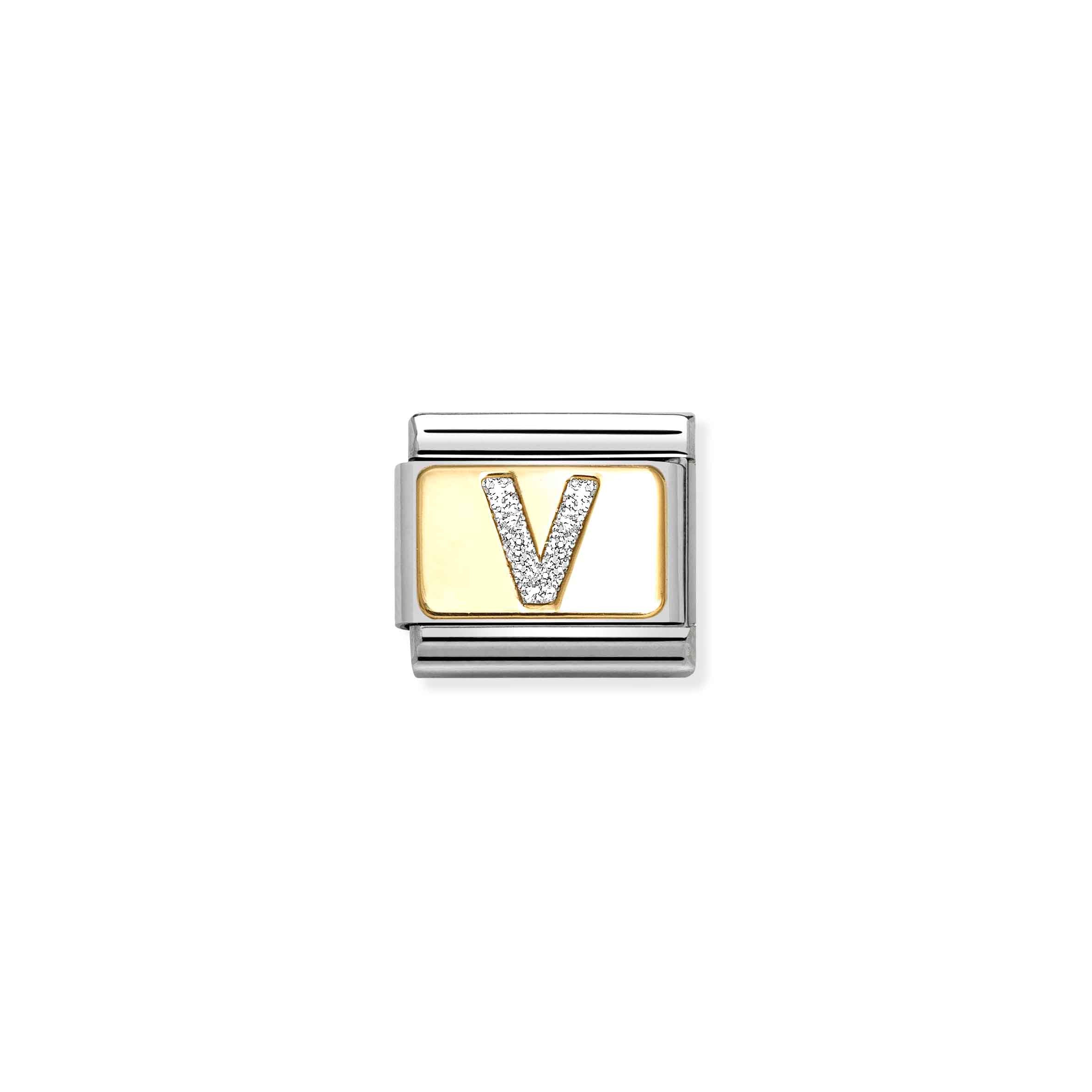 COMPOSABLE CLASSIC LINK 030291/22 SILVER LETTER V IN 18K GOLD & GLITTER ENAMEL