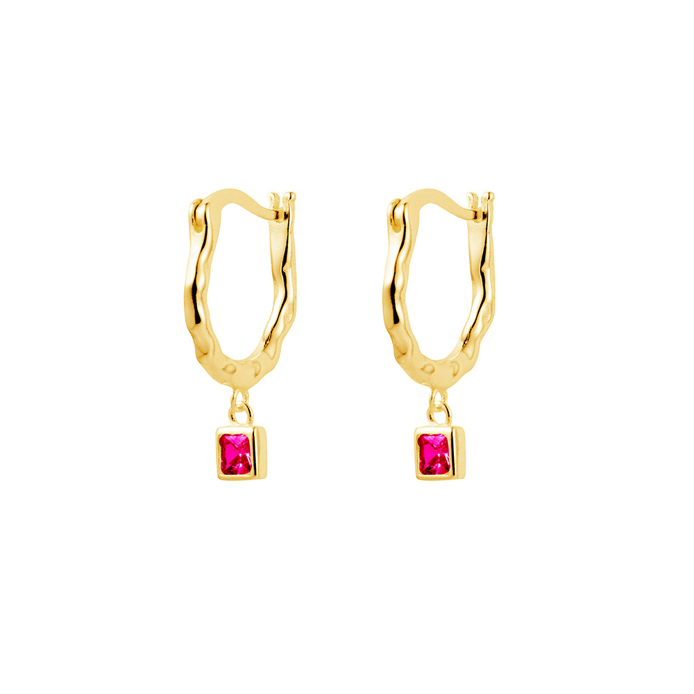 Gold Plated Ruby Zirconia Beaten Hoop Earrings