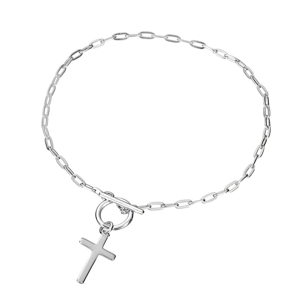 Sterling Silver Fob Chain Bracelet with Cross