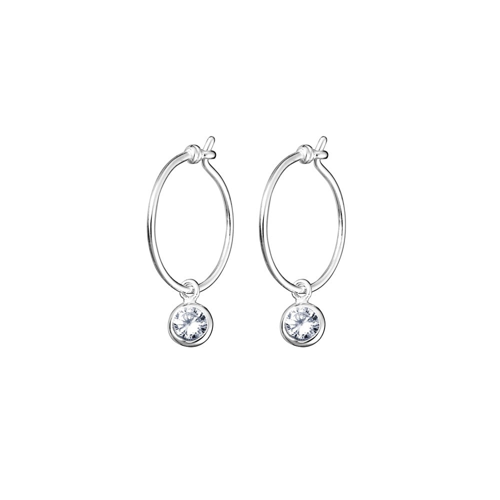 Sterling Silver Hoop Earrings with Bezel Cubic Zirconia Drop Earrings