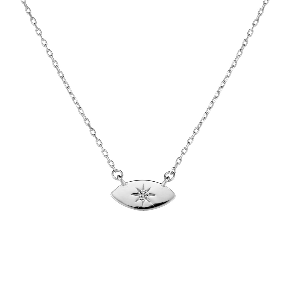 Sterling Silver Almond Shape Pendant Necklace with Cubic Zirconia Detail