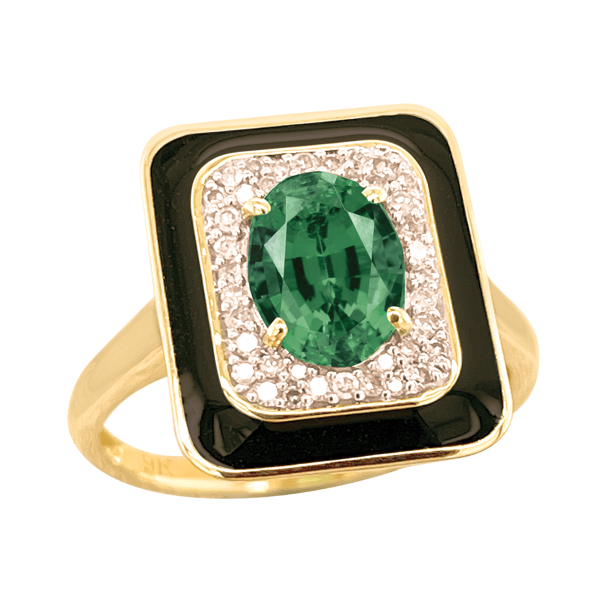 9ct Yellow Gold Natural Emerald, Black Enamel and Diamond Ring