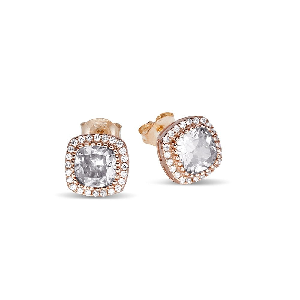 Rose Gold Plated Cushion Cut Cubic Zirconia Halo Set Stud Earrings