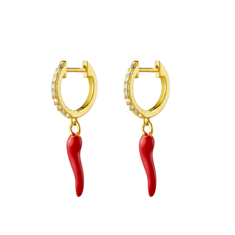 Sterling Silver Gold Plated Cubic Zirconia Huggie Earrings with Red "Cornicello" Horn Charm