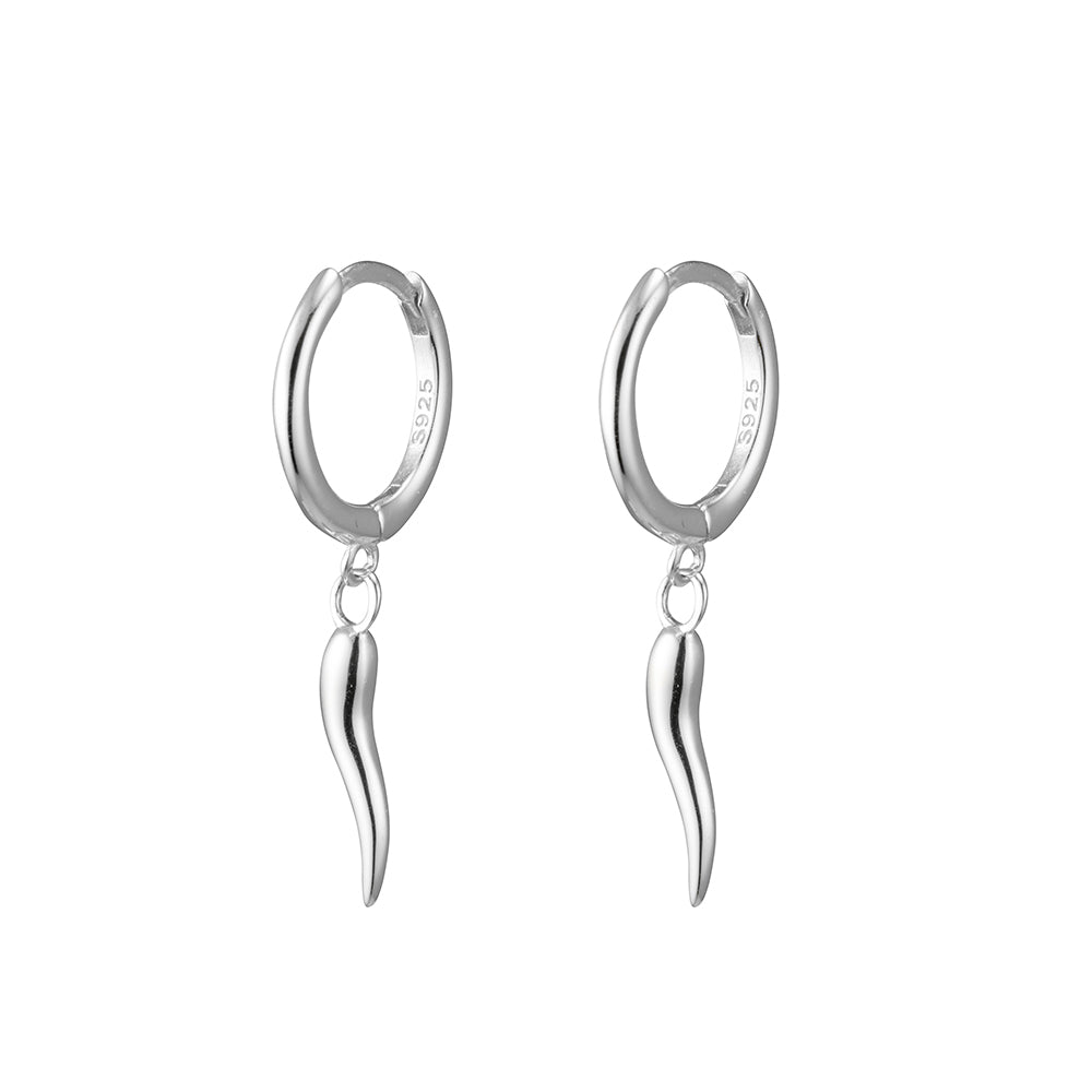 Sterling Silver Plain Huggie Earrings 'Cornicello' Horn Charm