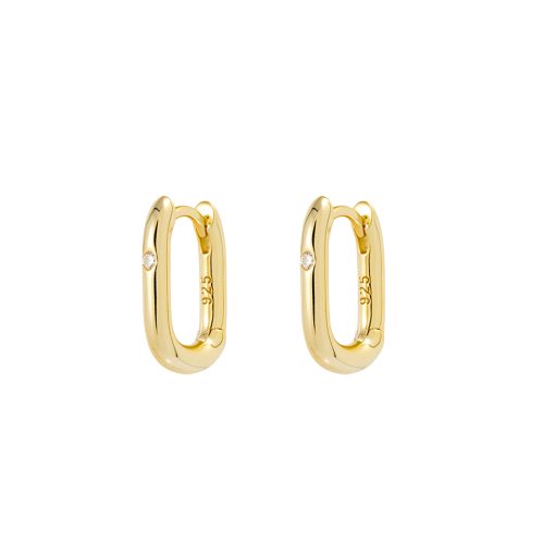 Gold Plated Oval Shaped Hoop Earrings with Cubic Zirconia Stones