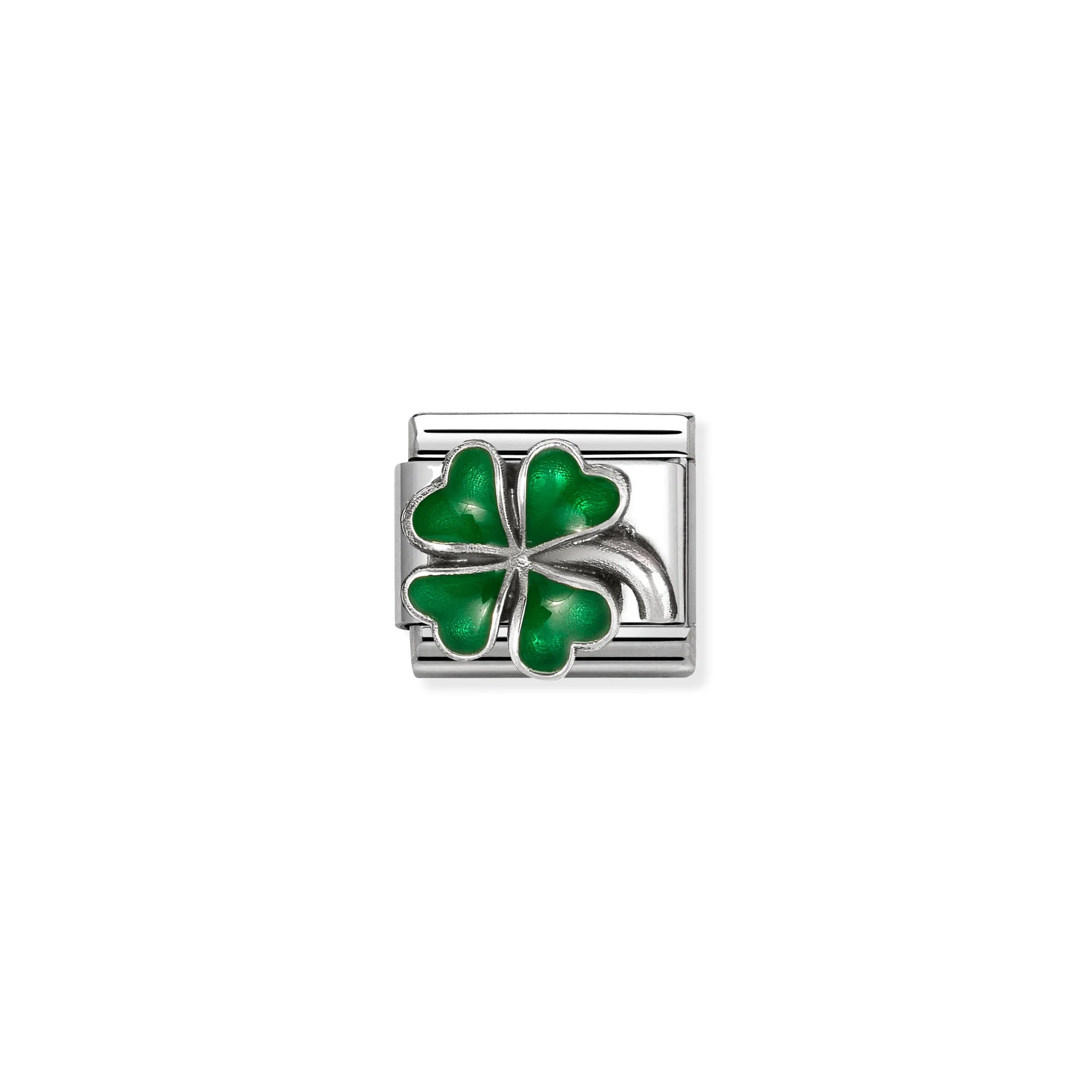 COMPOSABLE CLASSIC LINK 330204/42 GREEN FOUR LEAF CLOVER IN SILVER AND ENAMEL