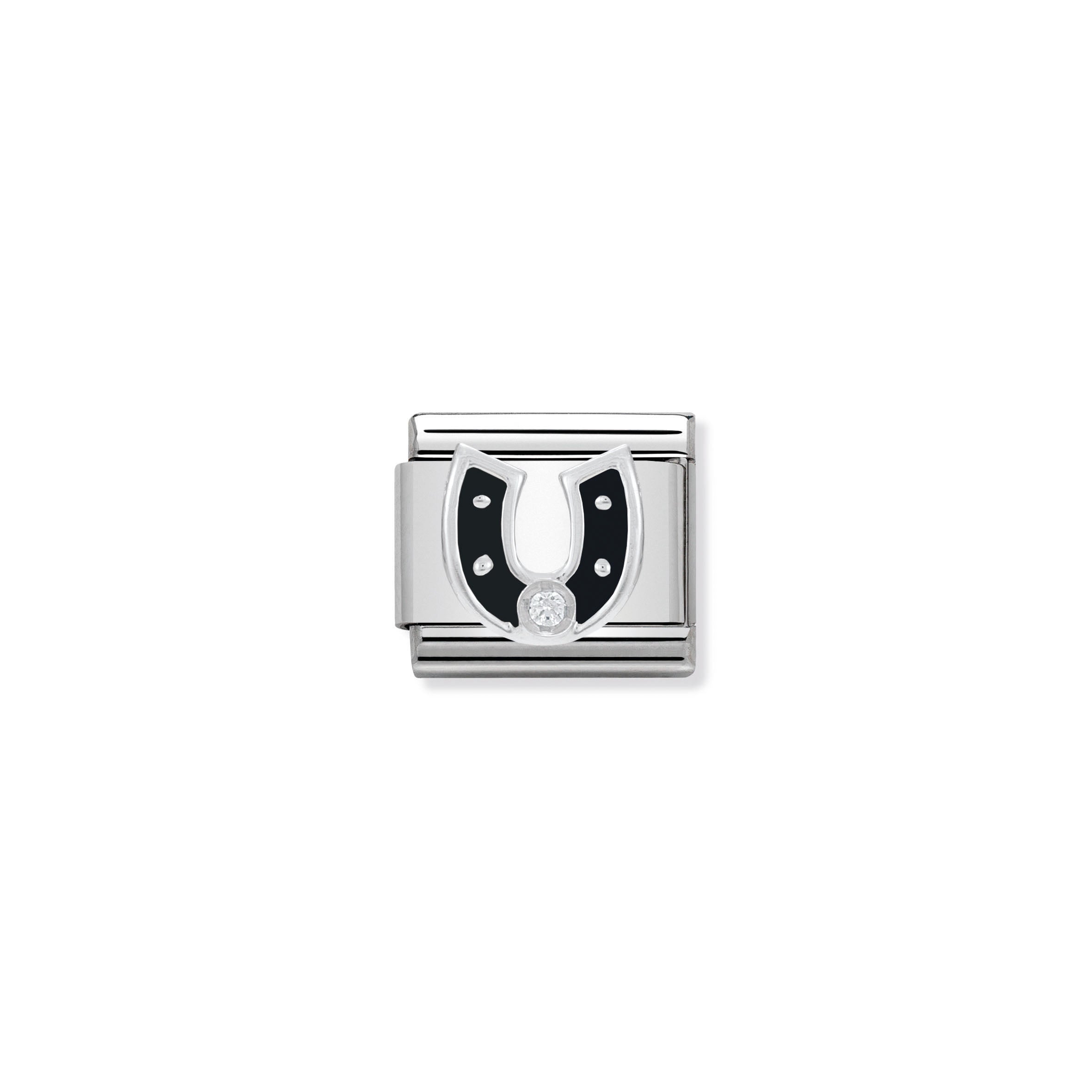 COMPOSABLE CLASSIC LINK 330305/11 BLACK HORSESHOE WITH CZ & ENAMEL IN 925 SILVER
