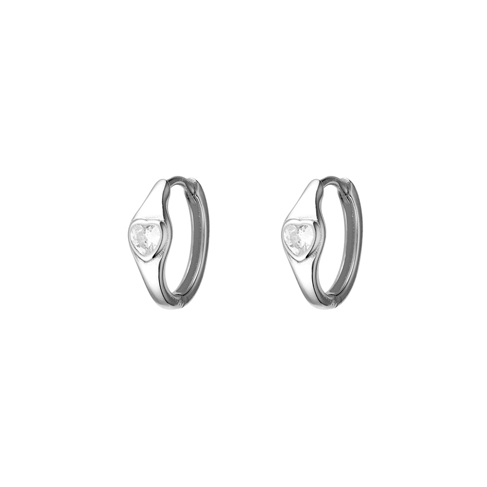 Sterling Silver Huggies with Heart Shaped Cubic Zirconia Stone