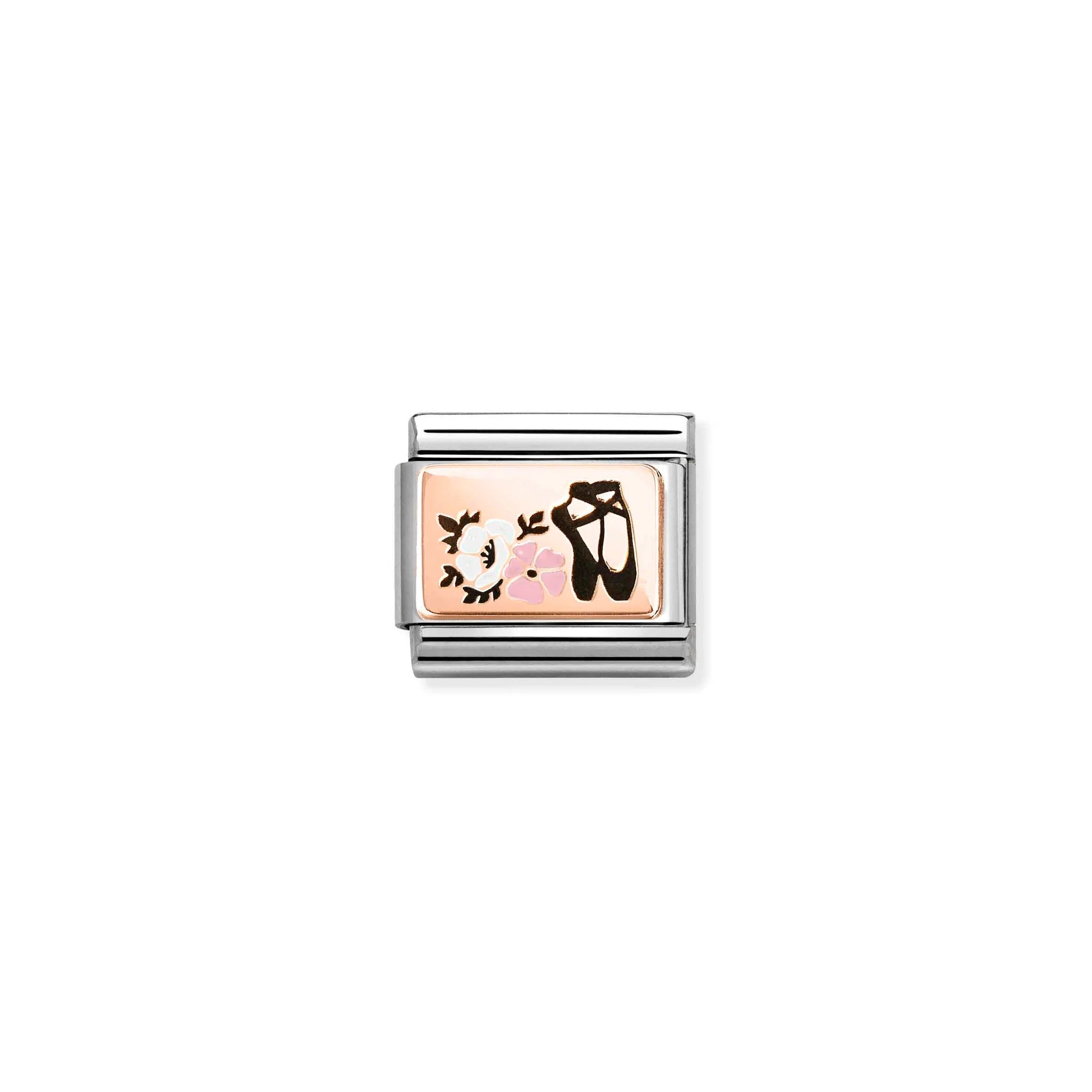COMPOSABLE CLASSIC LINK 430204/05 BALLET SHOES WITH FLOWERS IN 9K ROSE GOLD & ENAMEL