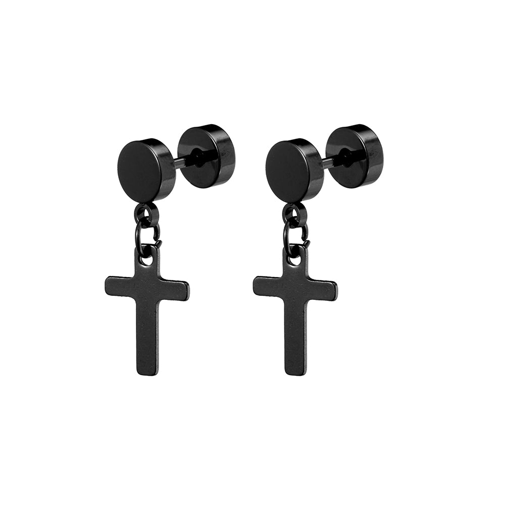 Blaze Mens Stainless Steel Faux Plug Stud Earrings with Cross