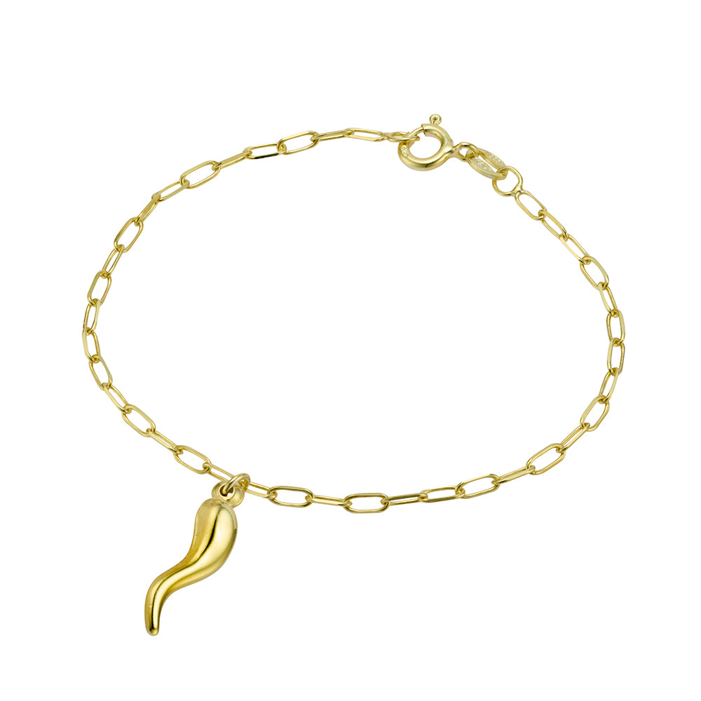 Yellow Gold Plated Petite Paperclip Link Bracelet with 'Cornicello' Horn