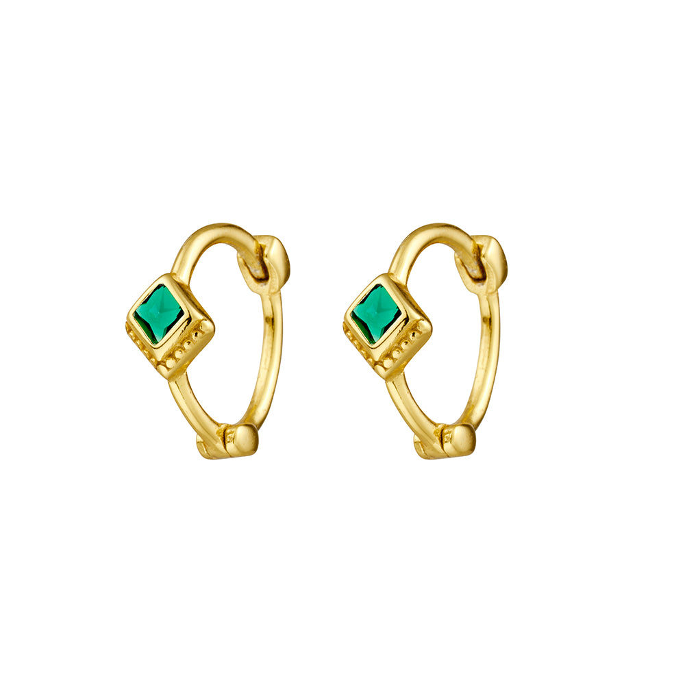 Gold Plated Detailed Mini Huggies with Emerald Cubic Zirconia