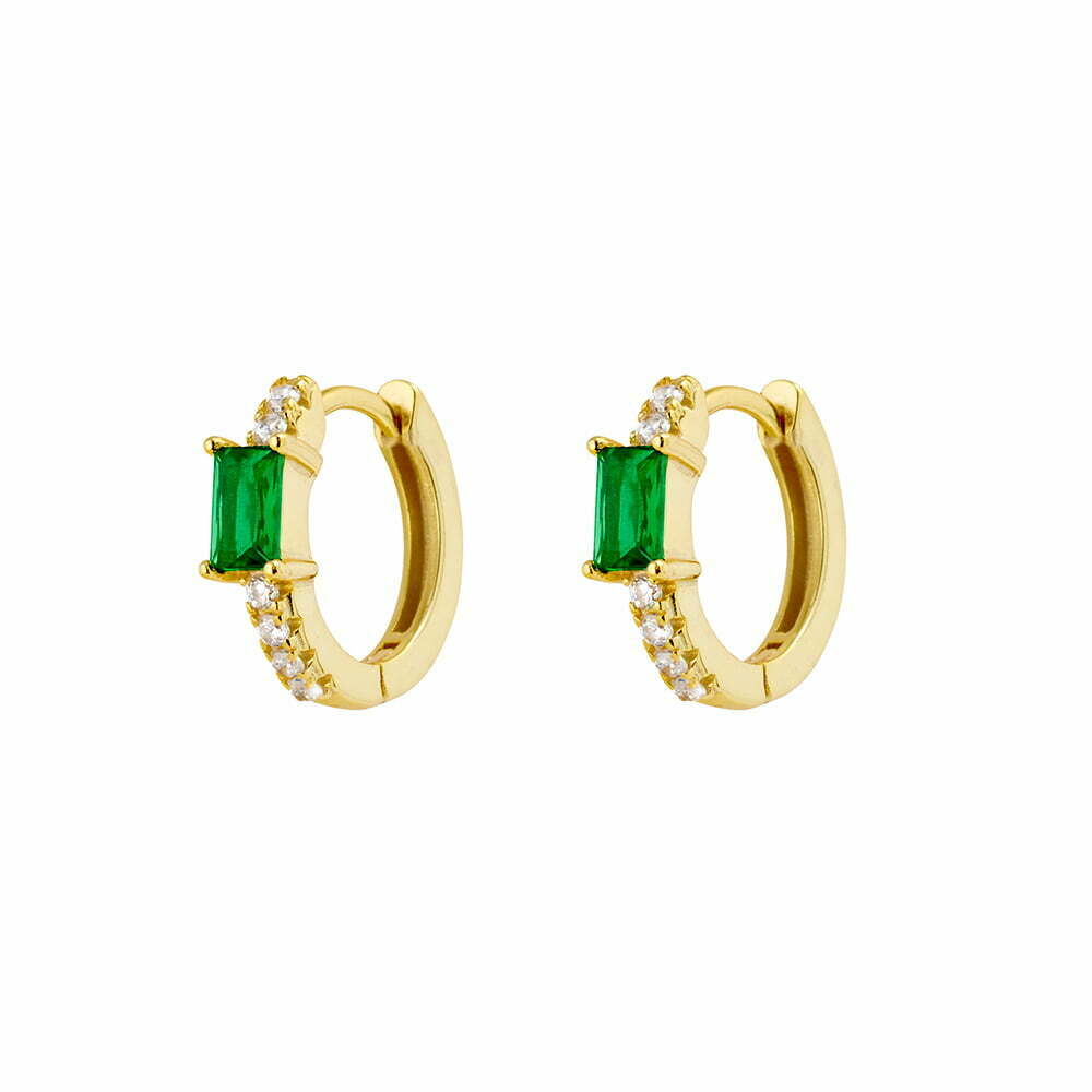 Gold Plated Emerald Cut Green Cubic Zirconia Huggies