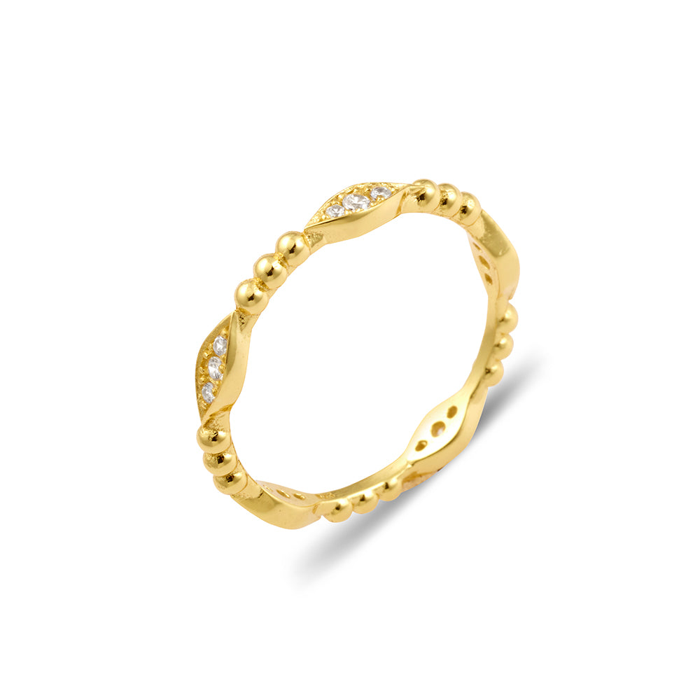 Gold Plated Beaded and Pave Set Cubic Zirconia Fine Band Ring