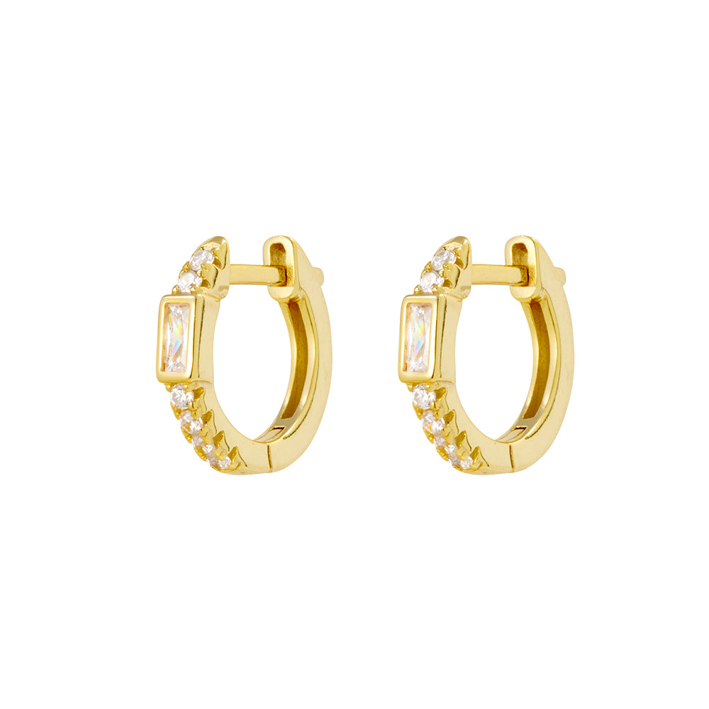 Gold Plated Thin Hoop Earrings with Rectangle Cubic Zirconia Details