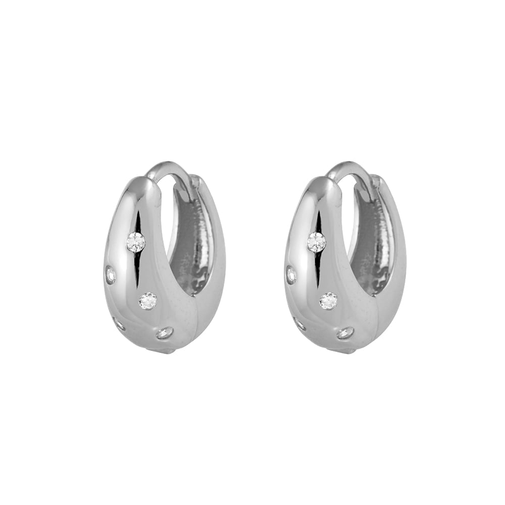 Sterling Silver Wide Mini Hoop Earrings with Cubic Zirconia Details
