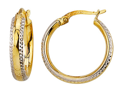 9ct Yellow and White Gold Silver Bonded Etched Hoop Earrings