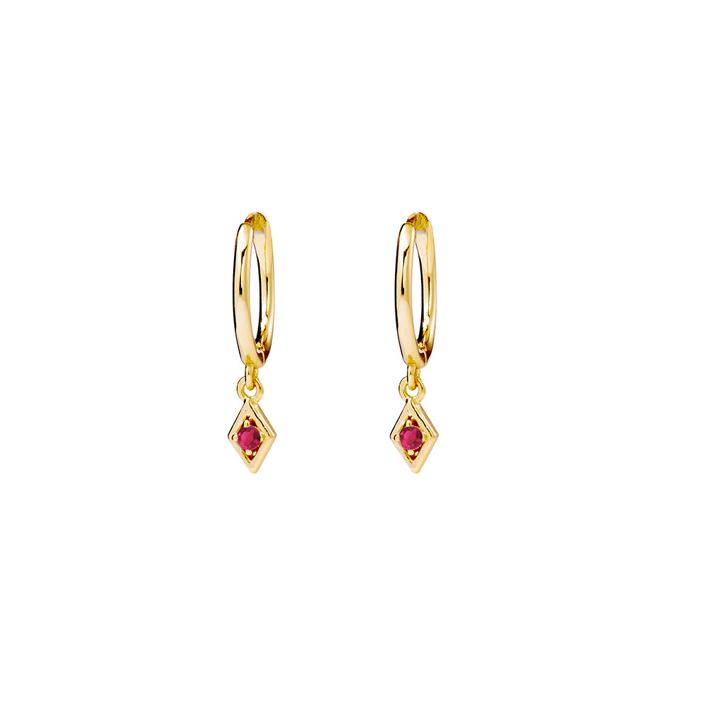 Gold Plated Huggies Earrings with Tiny Ruby Cubic Zirconia Charm