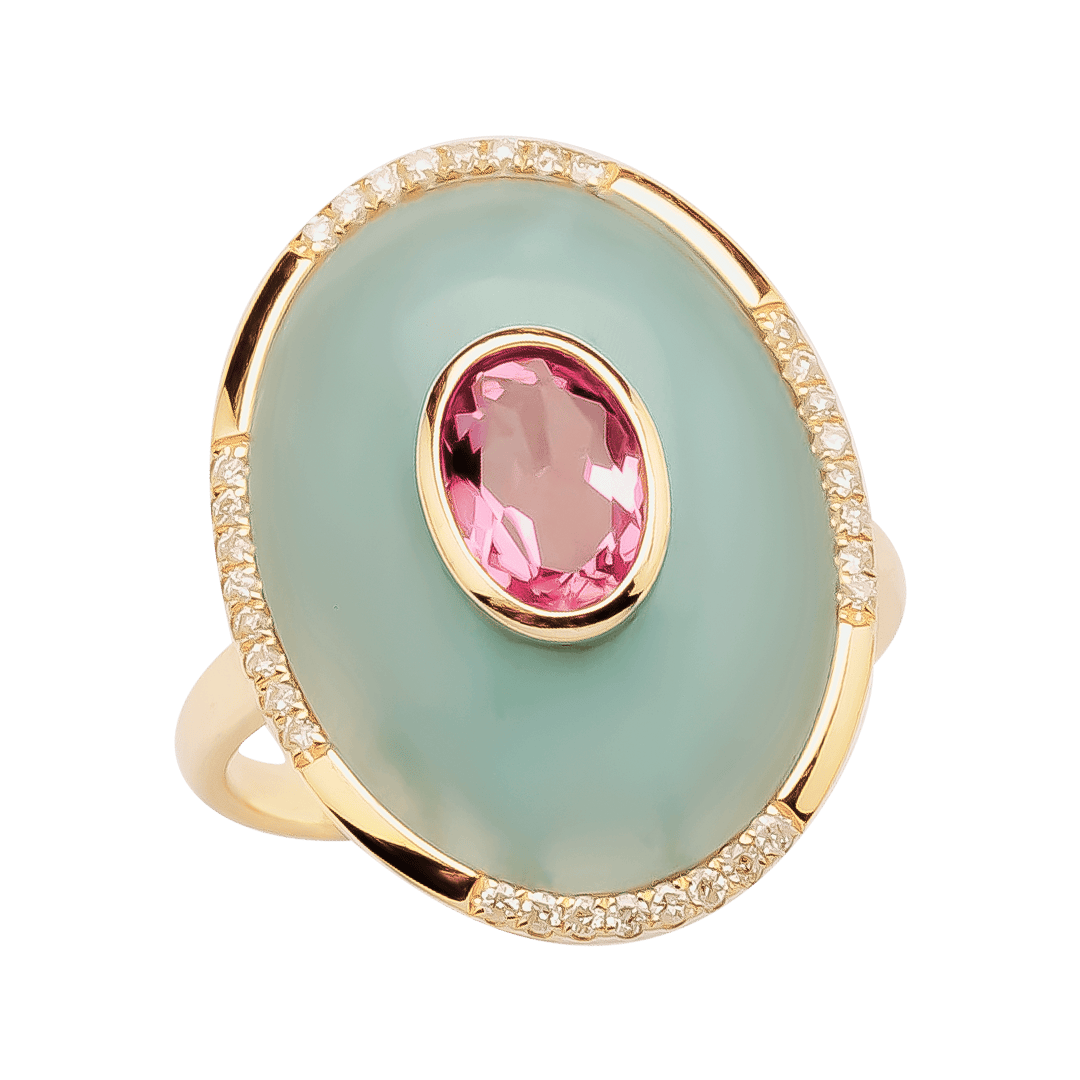 9ct Yellow Gold Amazonite, Pink Tourmaline and Diamond Ring