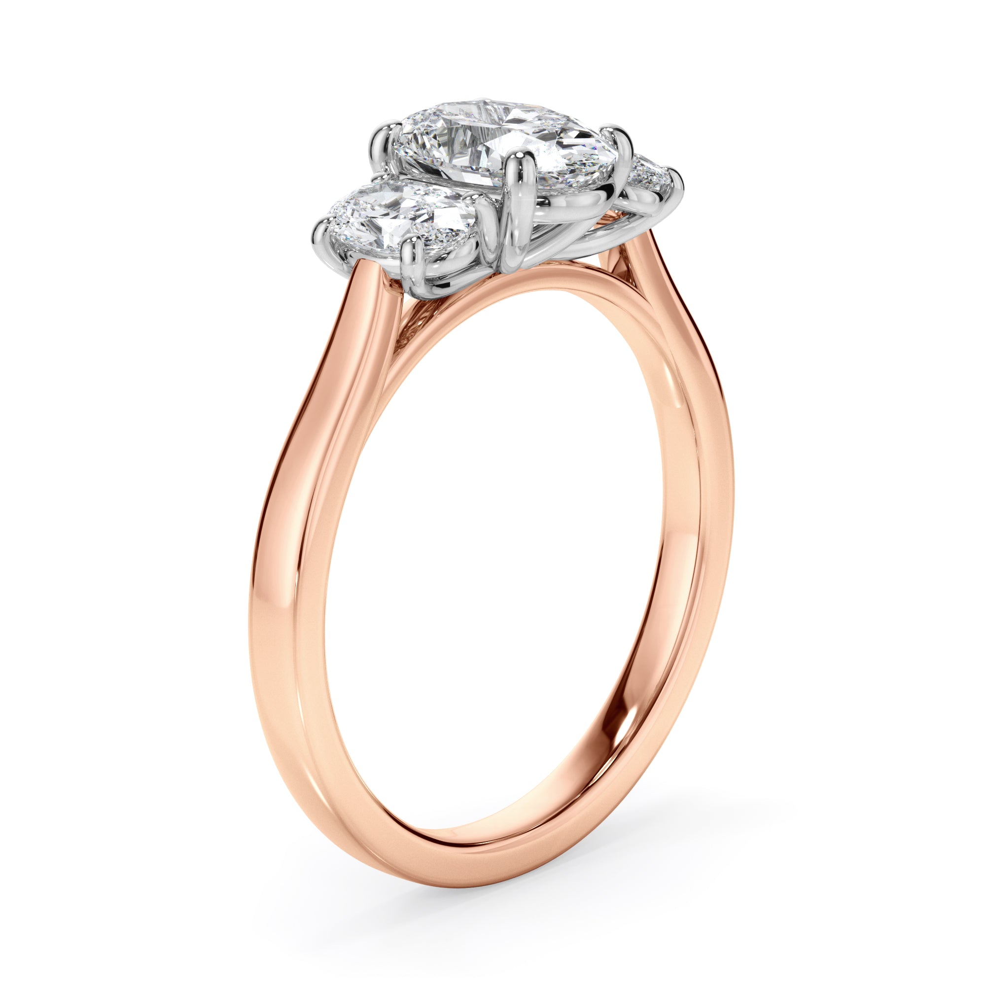 18ct Rose Gold Oval Cut Diamond Trilogy Engagement Ring