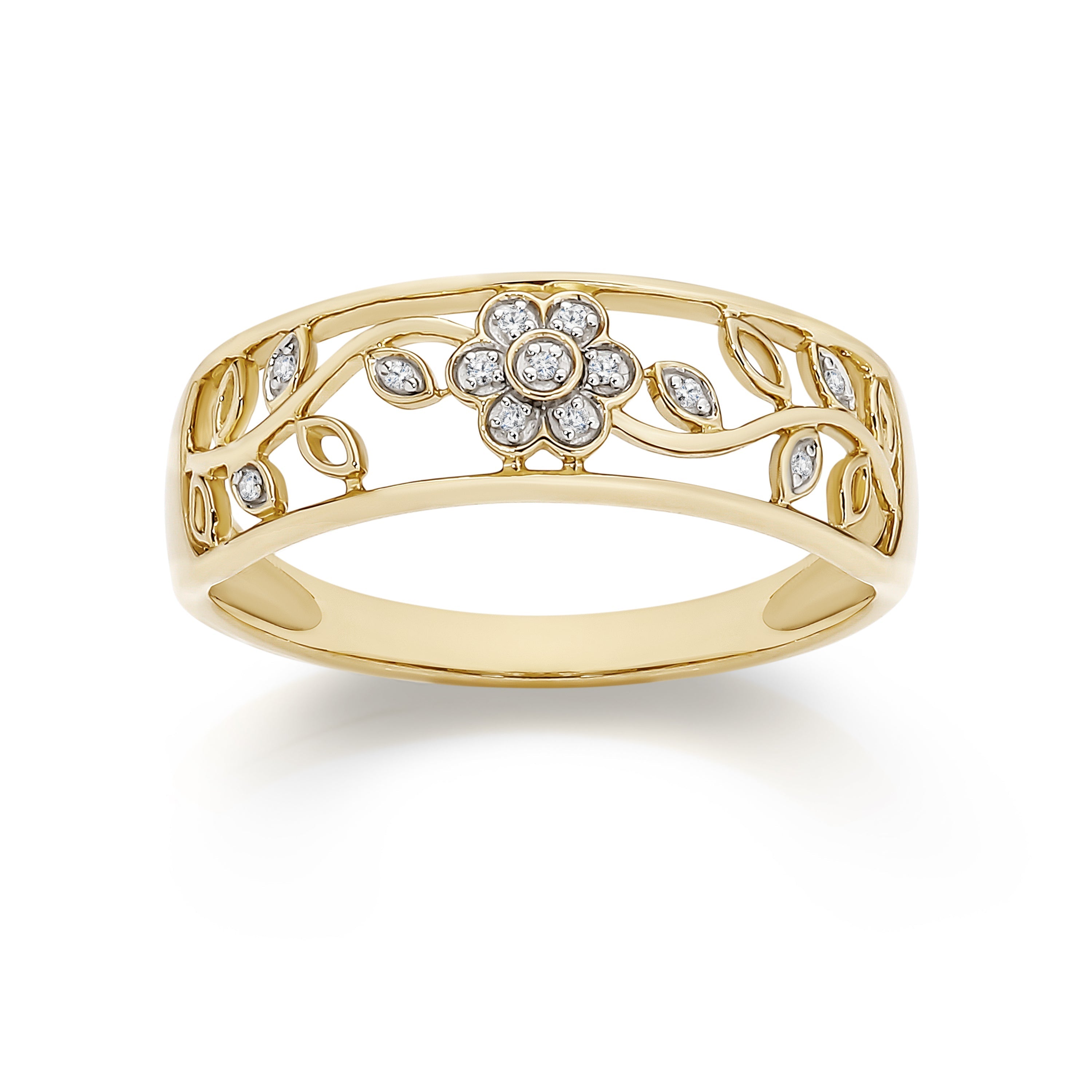 9ct Yellow Gold Diamond Filigree Flower Ring