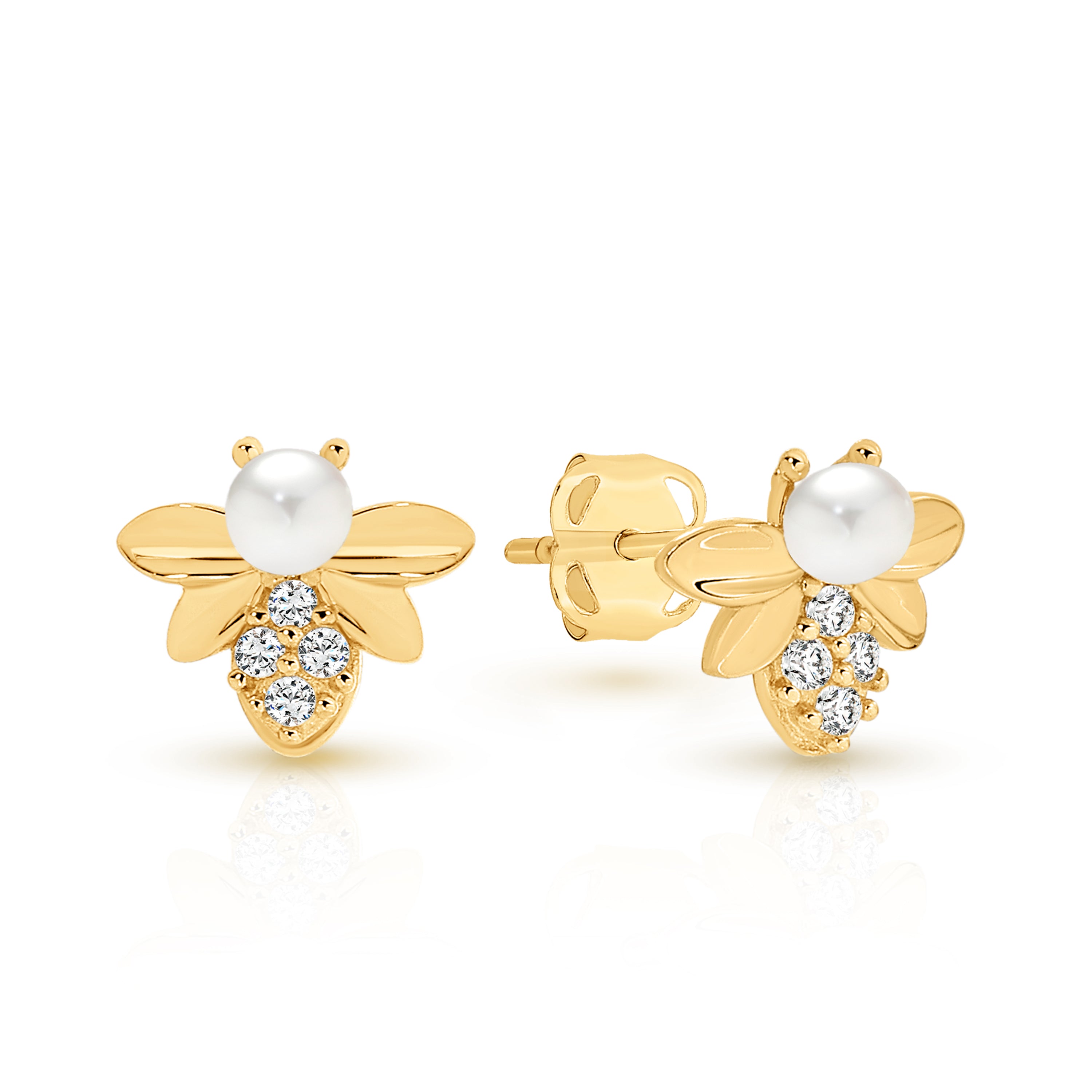 9ct yellow gold pearl & cubic zirconia bee studs