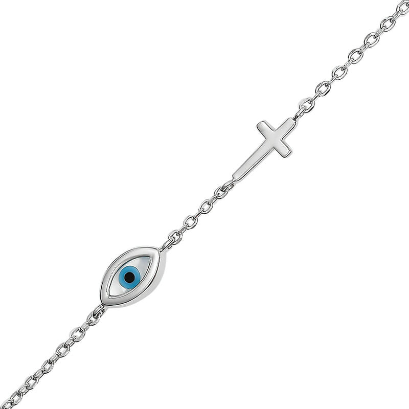 Rhodium Plated Sterling Silver Eye with Plain Cross Bracelet