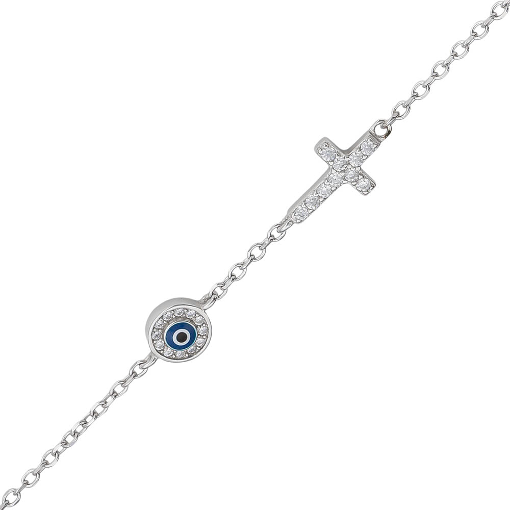 Rhodium Plated Cross and Eye Bracelet