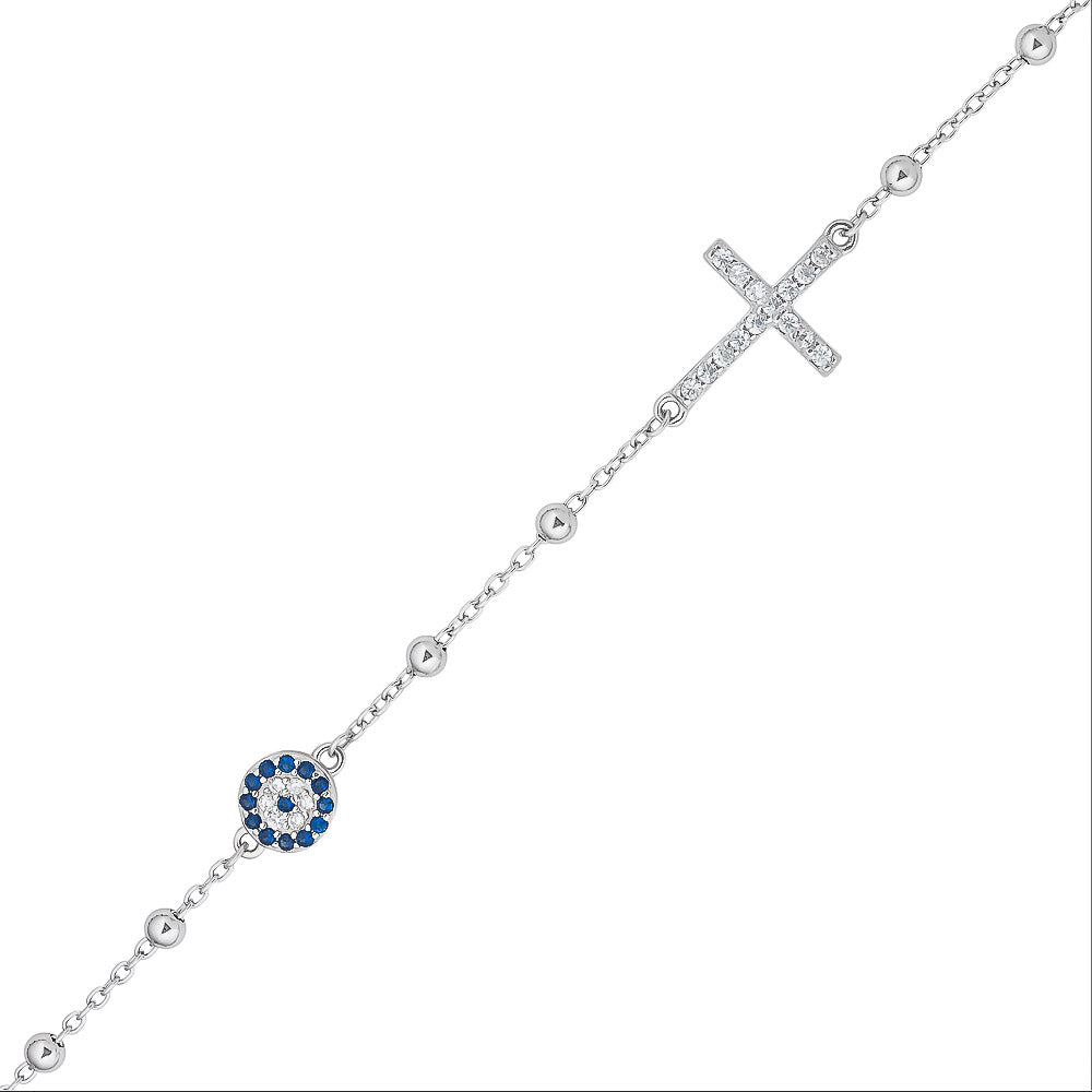 Rhodium Plated Sterling Silver Cross and Evil Eye CZ Bracelet
