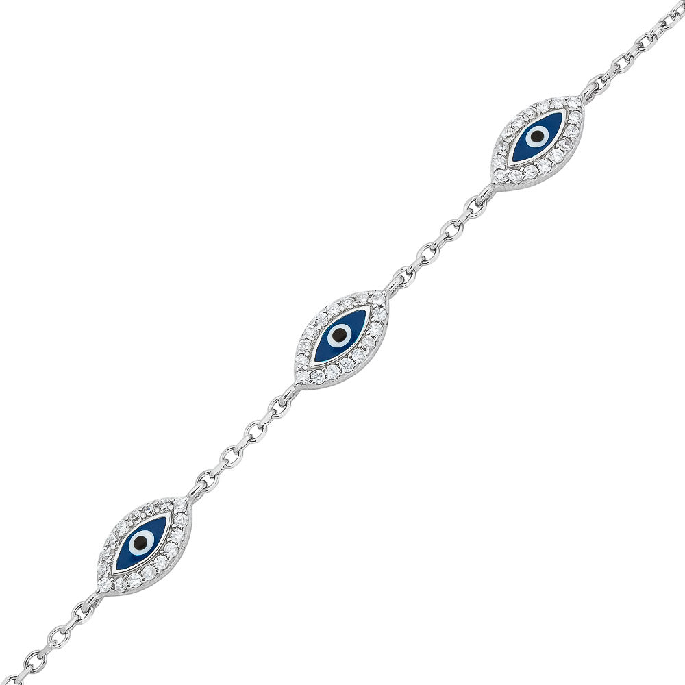 Rhodium Plated Sterling Silver Evil Eye Bracelet