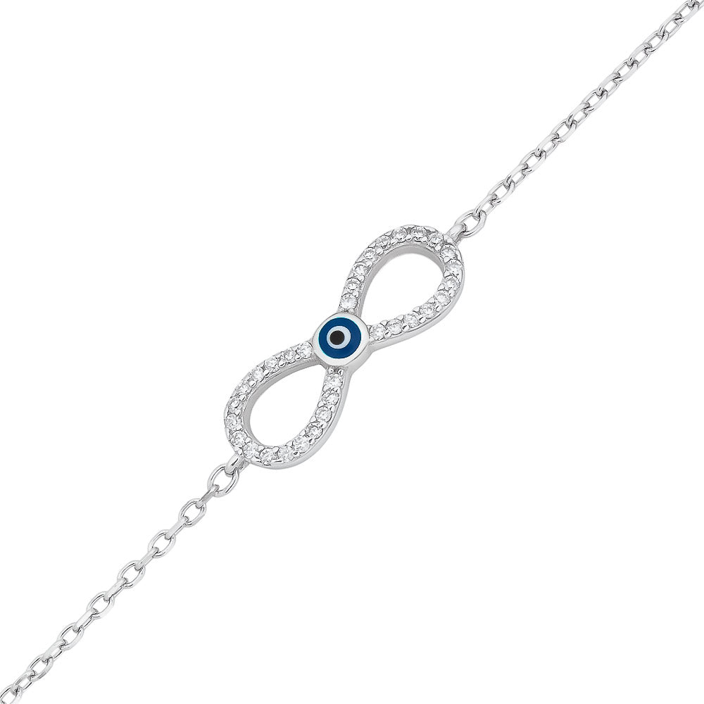 Rhodium Plated Sterling Silver Infinity and Evil Eye Bracelet