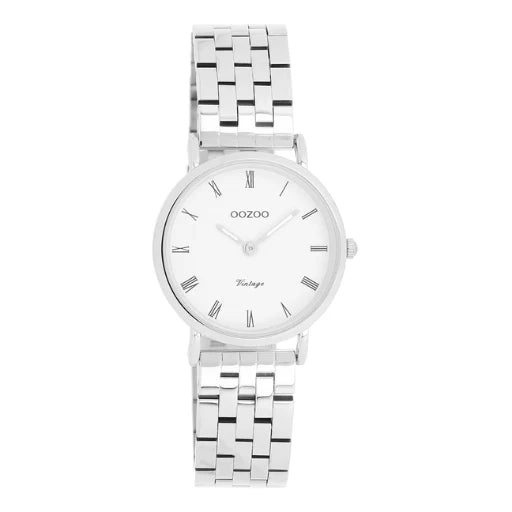 Oozoo Round 28mm Silver and White Bracelet Link Watch