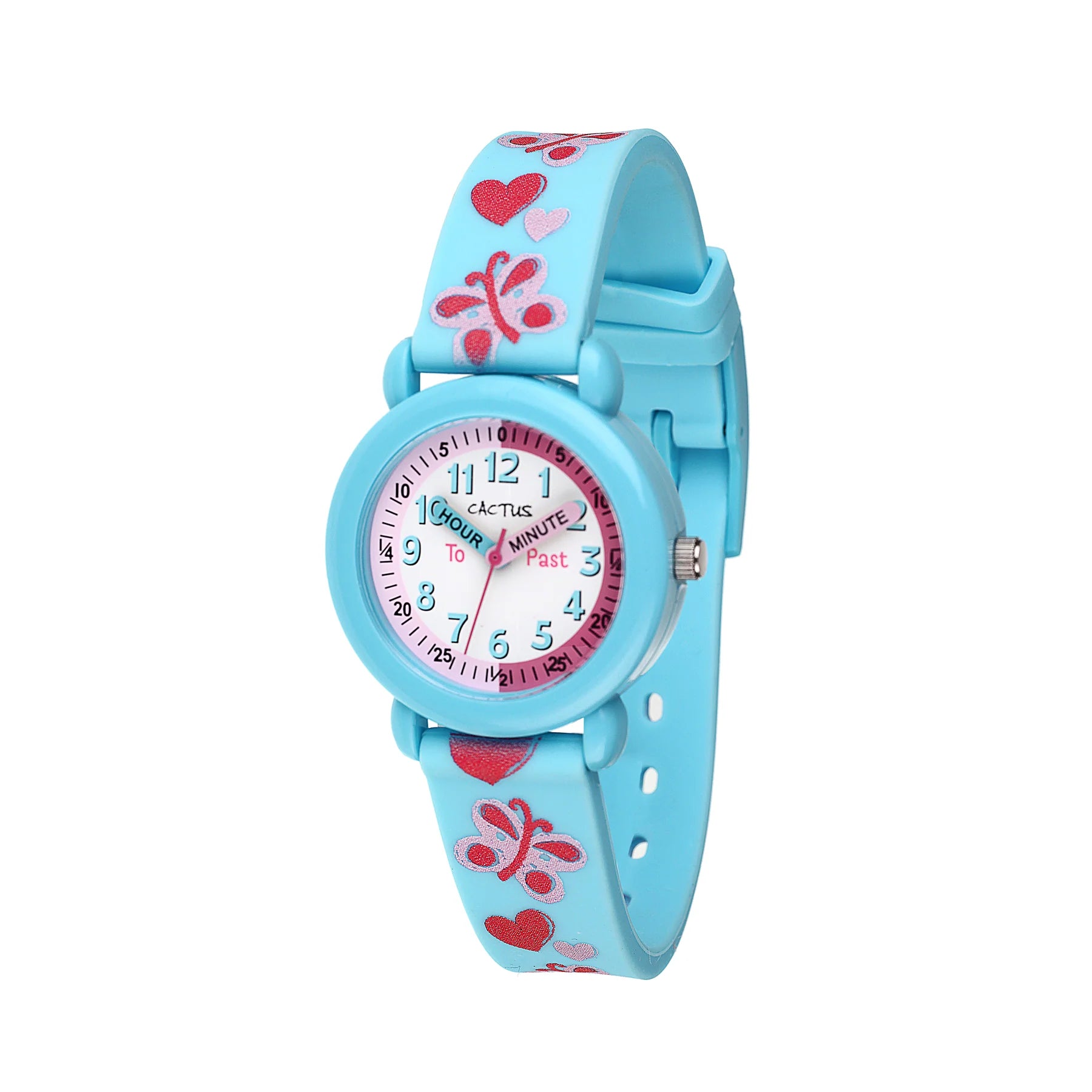 Cactus Timekeeper - Kids Watch - Blue with Flowers & Hearts.