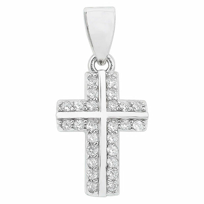 Rhodium Plated Sterling Silver Cubic Zirconia Set Cross Pendant