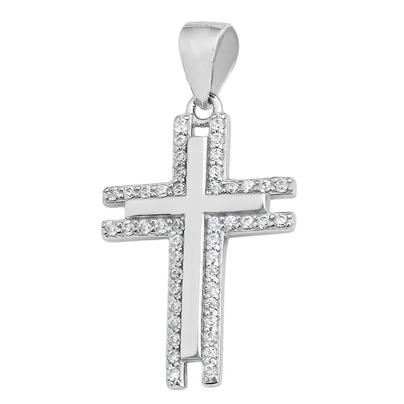 Rhodium Plated Sterling Silver Cubic Zirconia Set Cross Pendant