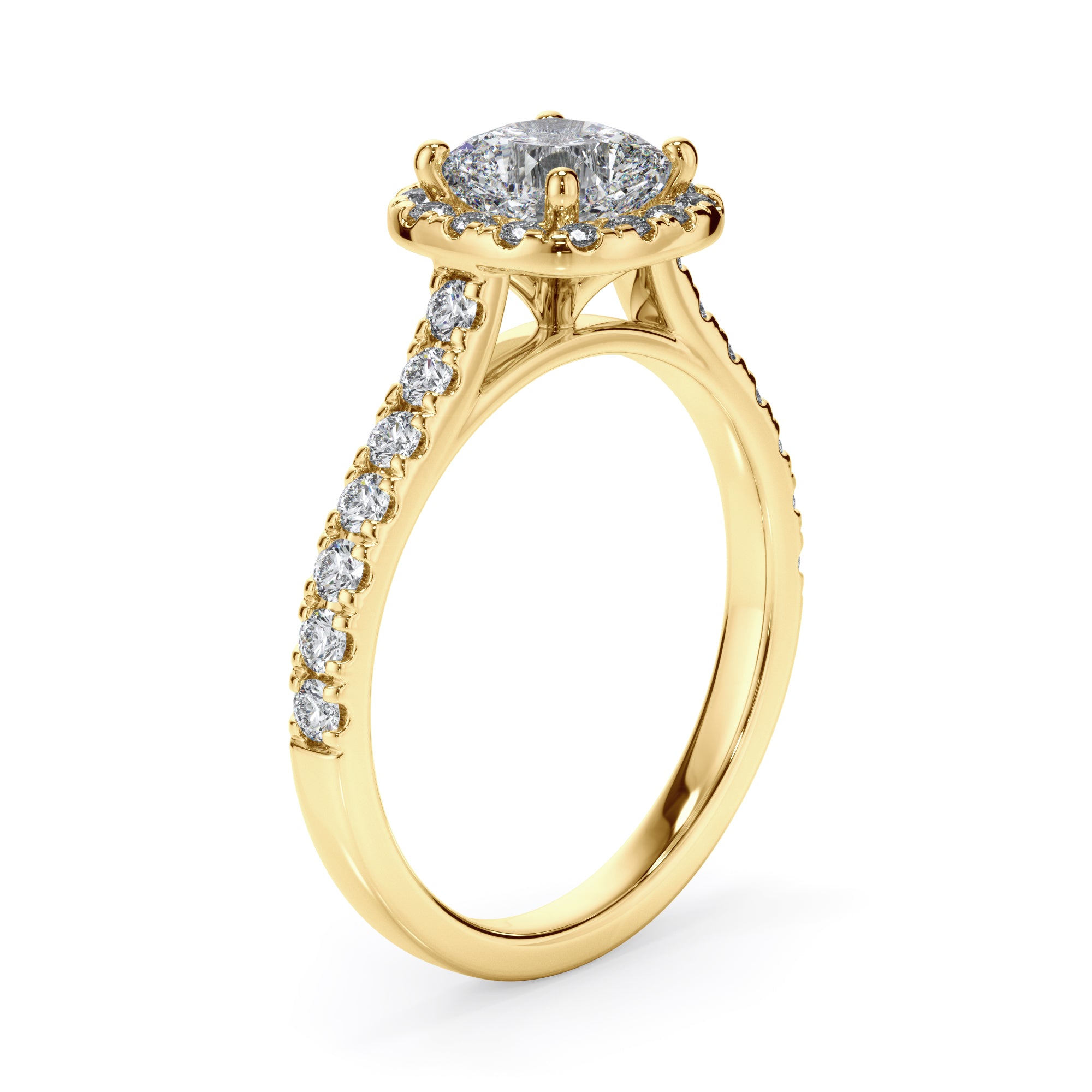 18ct Yellow Gold Cushion Cut Halo Diamond Ring