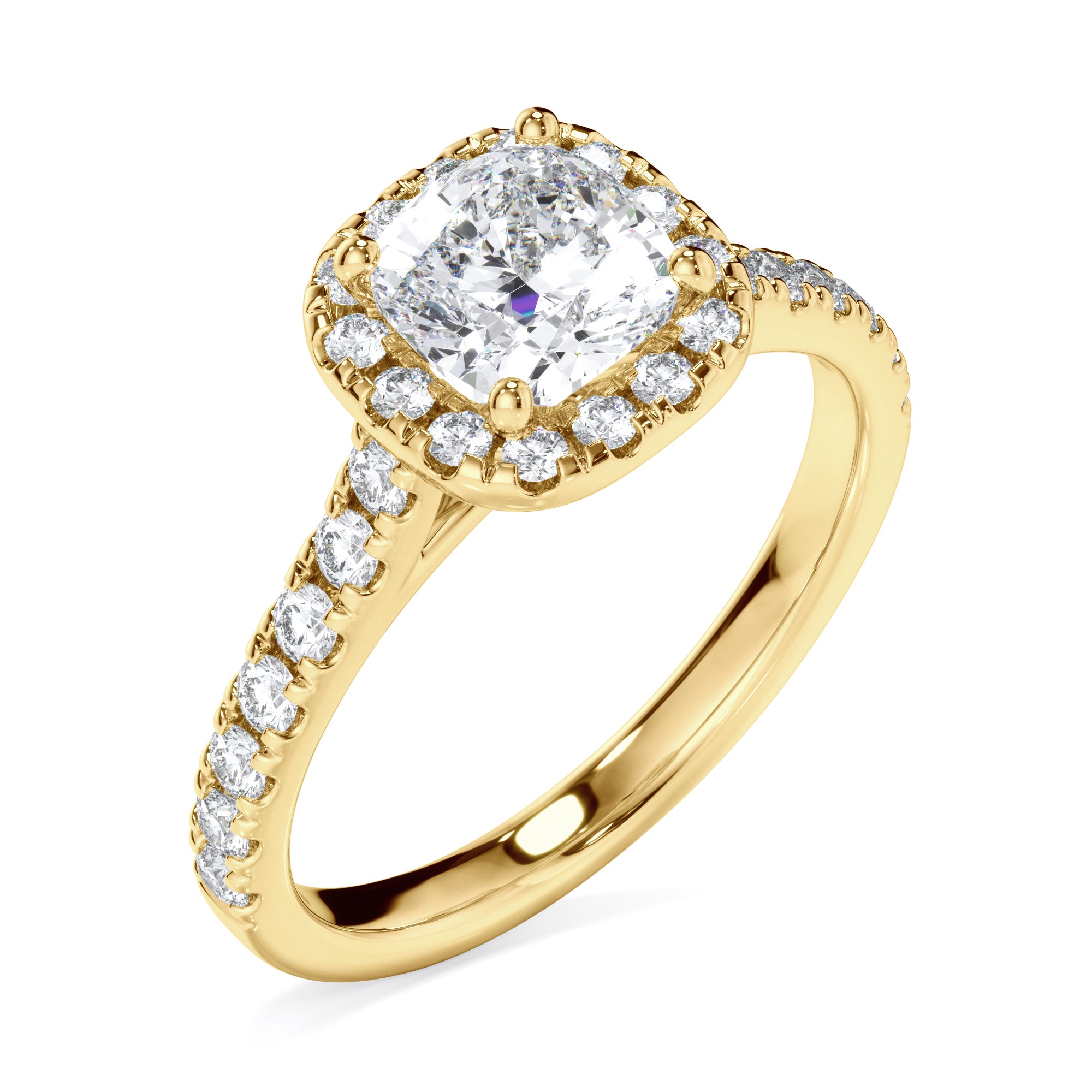 18ct Yellow Gold Cushion Cut Halo Diamond Ring