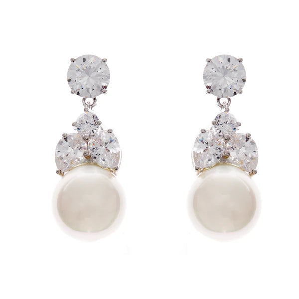 Sybella Rhodium Plated Clear Cubic Zirconia White Pearl Earrings