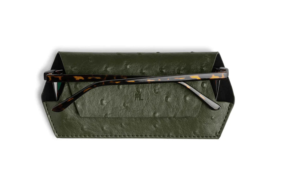 Fox and Leo Glasses Case Ostrich Print- Olive