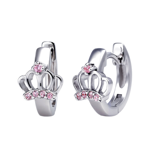 Sterling Silver Crown Huggies with Pink Cubic Zirconia's