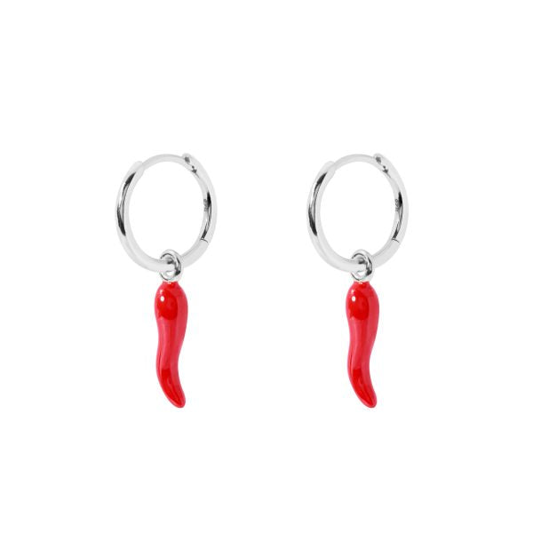 Sterling Silver Red Chilli Drop Huggy Earrings