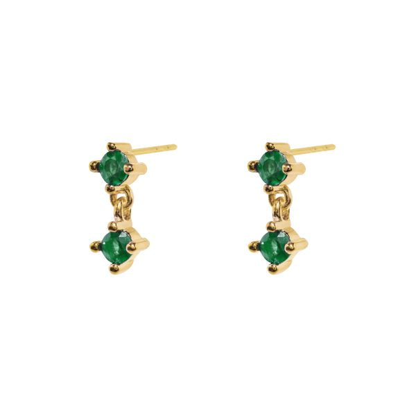 Gold Plated Two Green Cubic Zirconia Stud Drop Earrings