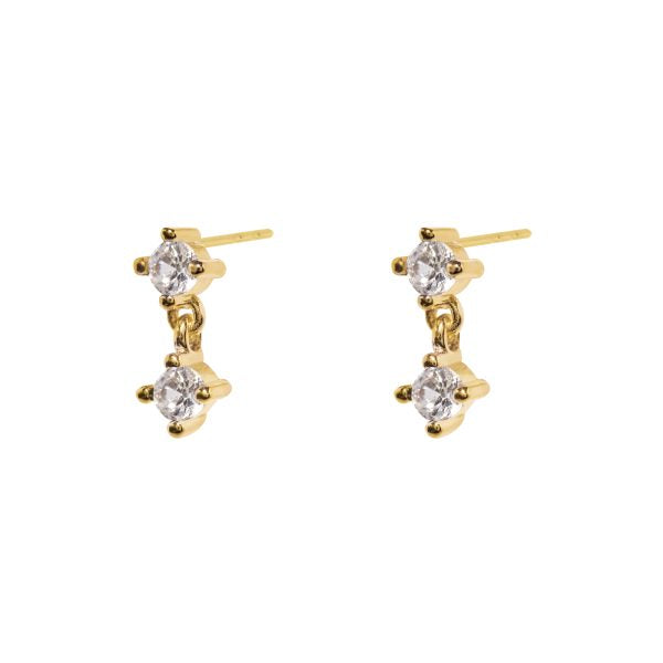 Gold Plated Two Cubic Zirconia Stud Drop Earrings